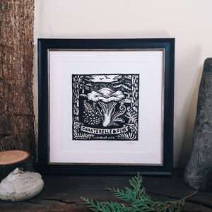 "Chanterelle and Pine" Limited Edition Hand Pressed Mushroom Linoprint - Gnostic Forest Art