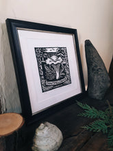 Load image into Gallery viewer, "Chanterelle and Pine" Limited Edition Hand Pressed Mushroom Linoprint - Gnostic Forest Art