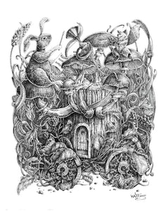 Pen and Ink "The Mushroom Orchestra" Reproduction/Giclée Fine Art Print - Gnostic Forest Art