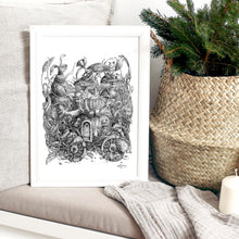 Load image into Gallery viewer, Pen and Ink "The Mushroom Orchestra" Reproduction/Giclée Fine Art Print - Gnostic Forest Art