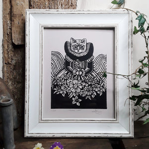 "Tudor Cat" Limited Edition Original Linoprint on Pearl Grey Paper - Gnostic Forest Art