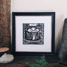 Load image into Gallery viewer, &quot;Chanterelle and Pine&quot; Limited Edition Hand Pressed Mushroom Linoprint - Gnostic Forest Art