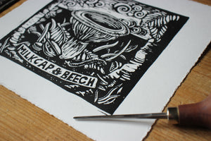 "Milk Cap and Beech" Limited Edition Original Linoprint - Gnostic Forest Art