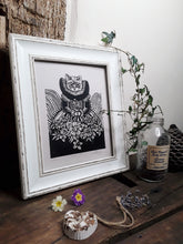 Load image into Gallery viewer, &quot;Tudor Cat&quot; Limited Edition Original Linoprint on Pearl Grey Paper - Gnostic Forest Art