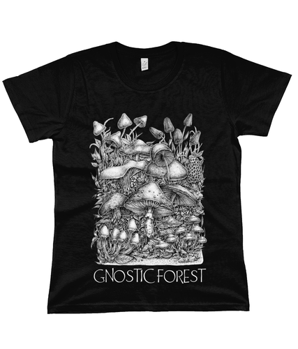 Gnostic Forest Women's Eco 100% Organic Cotton Mushroom T-Shirt with Paul Stamets Quote - Gnostic Forest Art