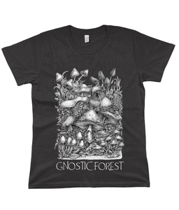 Gnostic Forest Women's Eco 100% Organic Cotton Mushroom T-Shirt with Paul Stamets Quote - Gnostic Forest Art